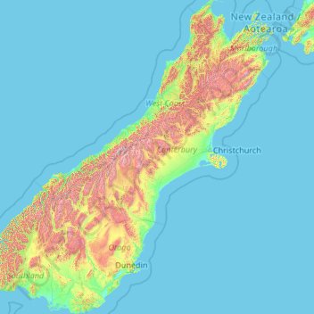 Mapa topográfico South Island, altitude, relevo