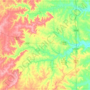 Mapa topográfico Bourbon County, altitude, relevo