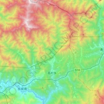 Mapa topográfico 高村乡, altitude, relevo