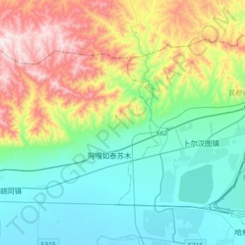 Mapa topográfico 阿嘎如泰苏木, altitude, relevo