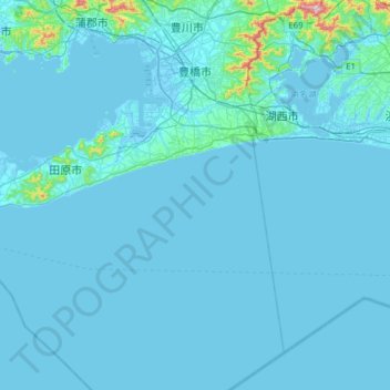 Mapa topográfico 豊橋市, altitude, relevo