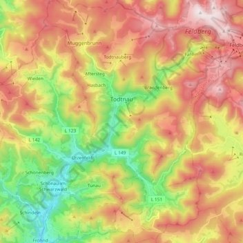Mapa topográfico Todtnau, altitude, relevo
