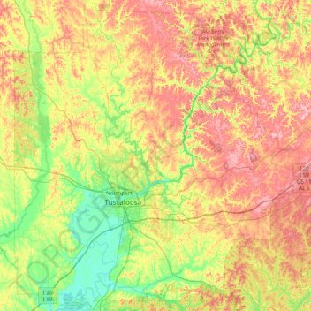 Mapa topográfico Tuscaloosa County, altitude, relevo