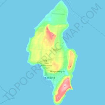 Mapa topográfico Tinian Island, altitude, relevo