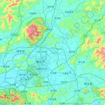 Mapa topográfico 惠城区, altitude, relevo