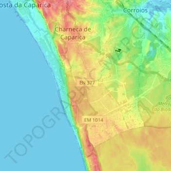 Mapa topográfico Charneca de Caparica, altitude, relevo