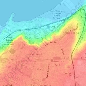 Mapa topográfico Distrito Urbano do Sambizanga, altitude, relevo