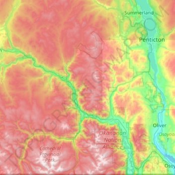 Mapa topográfico Area G (Upper Similkameen/Hedley), altitude, relevo