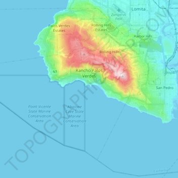 Mapa topográfico Rancho Palos Verdes, altitude, relevo