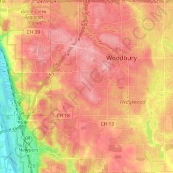Mapa topográfico Woodbury, altitude, relevo