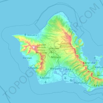 Mapa topográfico Oʻahu, altitude, relevo