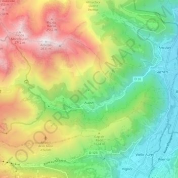 Mapa topográfico Aulon, altitude, relevo