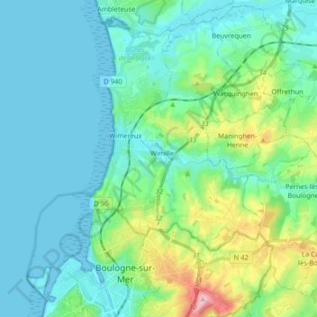 Mapa topográfico Boulogne-sur-Mer-1, altitude, relevo