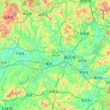 Mapa topográfico Wuzhou, altitude, relevo