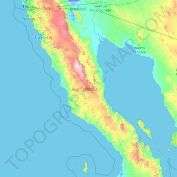 Mapa topográfico Baja California, altitude, relevo