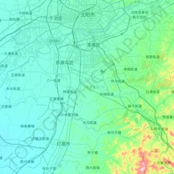 Mapa topográfico 苏家屯区, altitude, relevo