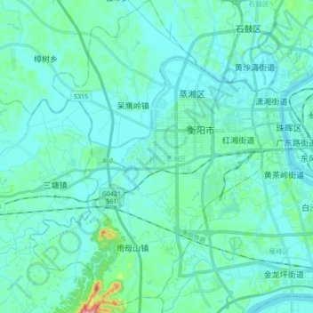 Mapa topográfico 蒸湘区, altitude, relevo