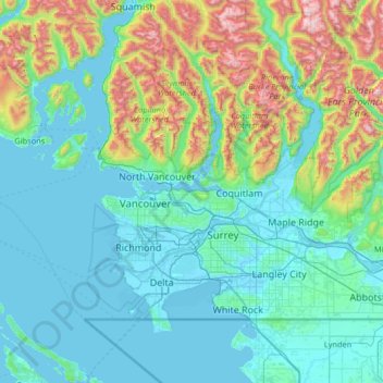 Mapa topográfico Metro Vancouver Regional District, altitude, relevo
