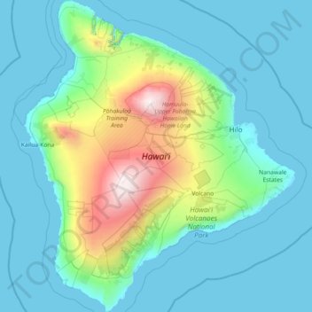 Mapa topográfico Hawaii, altitude, relevo