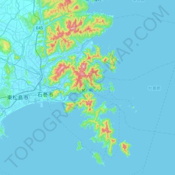 Mapa topográfico 女川町, altitude, relevo