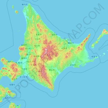 Mapa topográfico 北海道, altitude, relevo