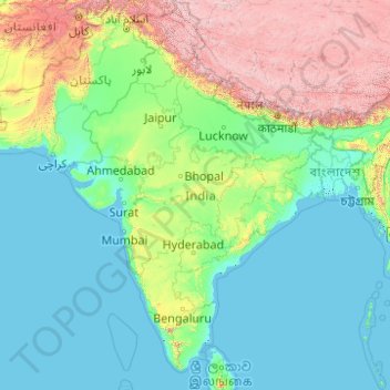 Mapa topográfico Índia, altitude, relevo