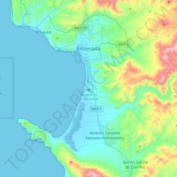 Mapa topográfico Ensenada, altitude, relevo