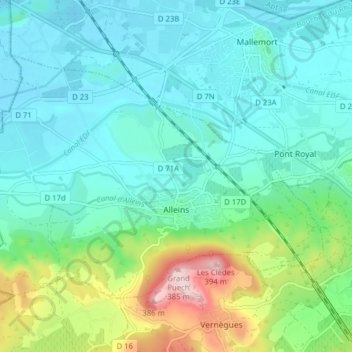 Mapa topográfico Alleins, altitude, relevo