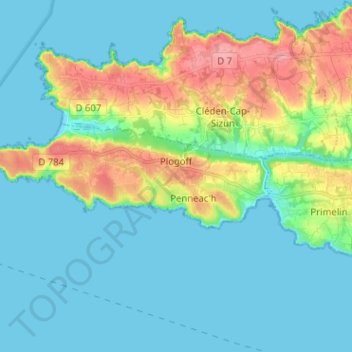 Mapa topográfico Plogoff, altitude, relevo