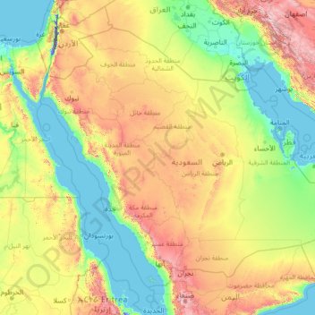 Mapa topográfico Arábia Saudita, altitude, relevo