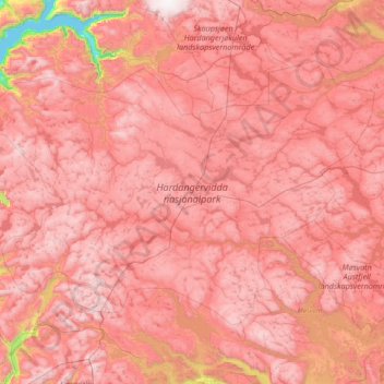 Mapa topográfico Hardangervidda nasjonalpark, altitude, relevo