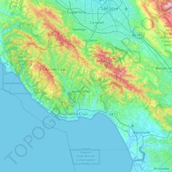 Mapa topográfico Santa Cruz County, altitude, relevo