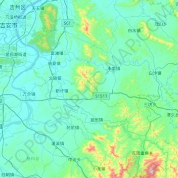 Mapa topográfico 青原区, altitude, relevo