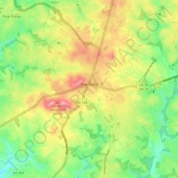 Mapa topográfico Snellville, altitude, relevo