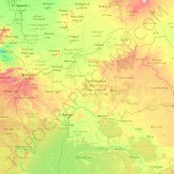 Mapa topográfico República Centro-Africana, altitude, relevo