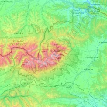 Mapa topográfico Tatra Mountains, altitude, relevo