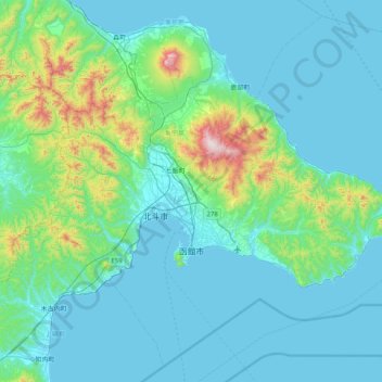 Mapa topográfico 函館市, altitude, relevo