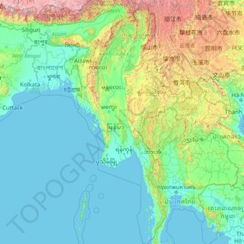 Mapa topográfico Birmânia, altitude, relevo