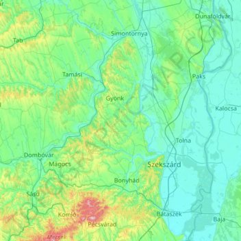 Mapa topográfico Tolna megye, altitude, relevo