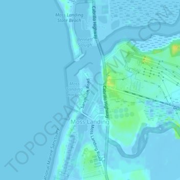 Mapa topográfico Moss Landing, altitude, relevo