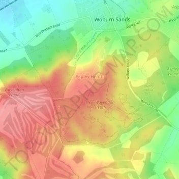 Mapa topográfico Aspley Heath, altitude, relevo