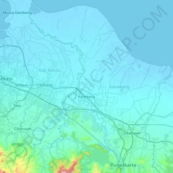 Mapa topográfico Karawang, altitude, relevo