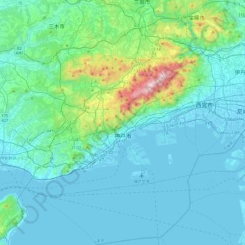 Mapa topográfico Kobe, altitude, relevo