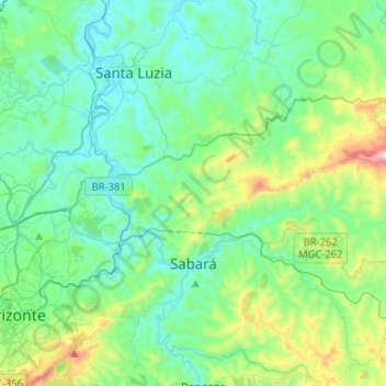 Mapa topográfico Sabará, altitude, relevo