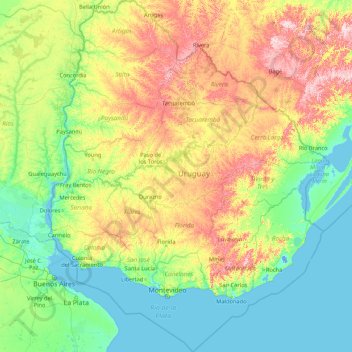 Mapa topográfico Uruguai, altitude, relevo