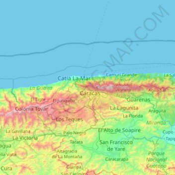 Mapa topográfico La Guaira, altitude, relevo