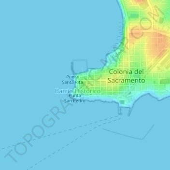 Mapa topográfico Barrio Histórico de Colonia del Sacramento, altitude, relevo