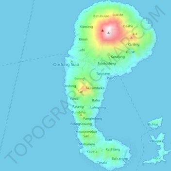 Mapa topográfico Pulau Siau, altitude, relevo