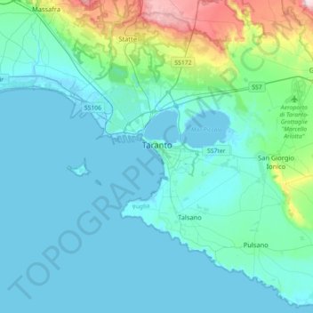 Mapa topográfico Taranto, altitude, relevo