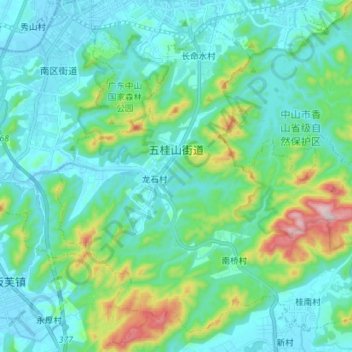 Mapa topográfico 五桂山街道, altitude, relevo